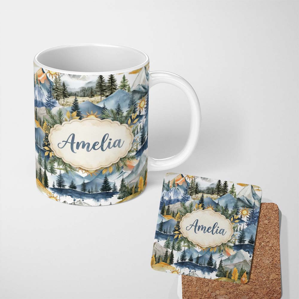 Personalized Custom Name Watercolor Mountain Forest Landscape Sunset Seamless Pattern Cream 11oz Ceramic Coffee Tea Mug White Large Handle