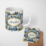 Personalized Custom Name Watercolor Mountain Forest Landscape Sunset Seamless Pattern Cream 11oz Ceramic Coffee Tea Mug White Large Handle