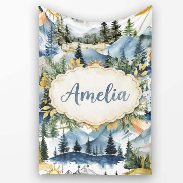 Watercolor Mountain Forest Landscape Sunset Seamless Pattern Cream  Personalised Custom Name Super Soft Fleece Blanket Bed Sofa Throw