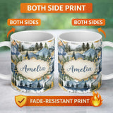 Personalized Custom Name Watercolor Mountain Forest Landscape Sunset Seamless Pattern Cream 11oz Ceramic Coffee Tea Mug White Large Handle