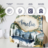 Watercolor Mountain Forest Landscape Sunset Seamless Pattern Cream  Personalised Custom Name Super Soft Fleece Blanket Bed Sofa Throw