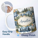 Personalized Custom Name Watercolor Mountain Forest Landscape Sunset Seamless Pattern Cream 11oz Ceramic Coffee Tea Mug White Large Handle