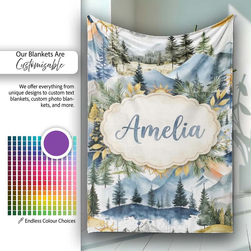 Watercolor Mountain Forest Landscape Sunset Seamless Pattern Cream  Personalised Custom Name Super Soft Fleece Blanket Bed Sofa Throw