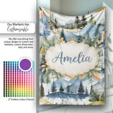 Watercolor Mountain Forest Landscape Sunset Seamless Pattern Cream  Personalised Custom Name Super Soft Fleece Blanket Bed Sofa Throw