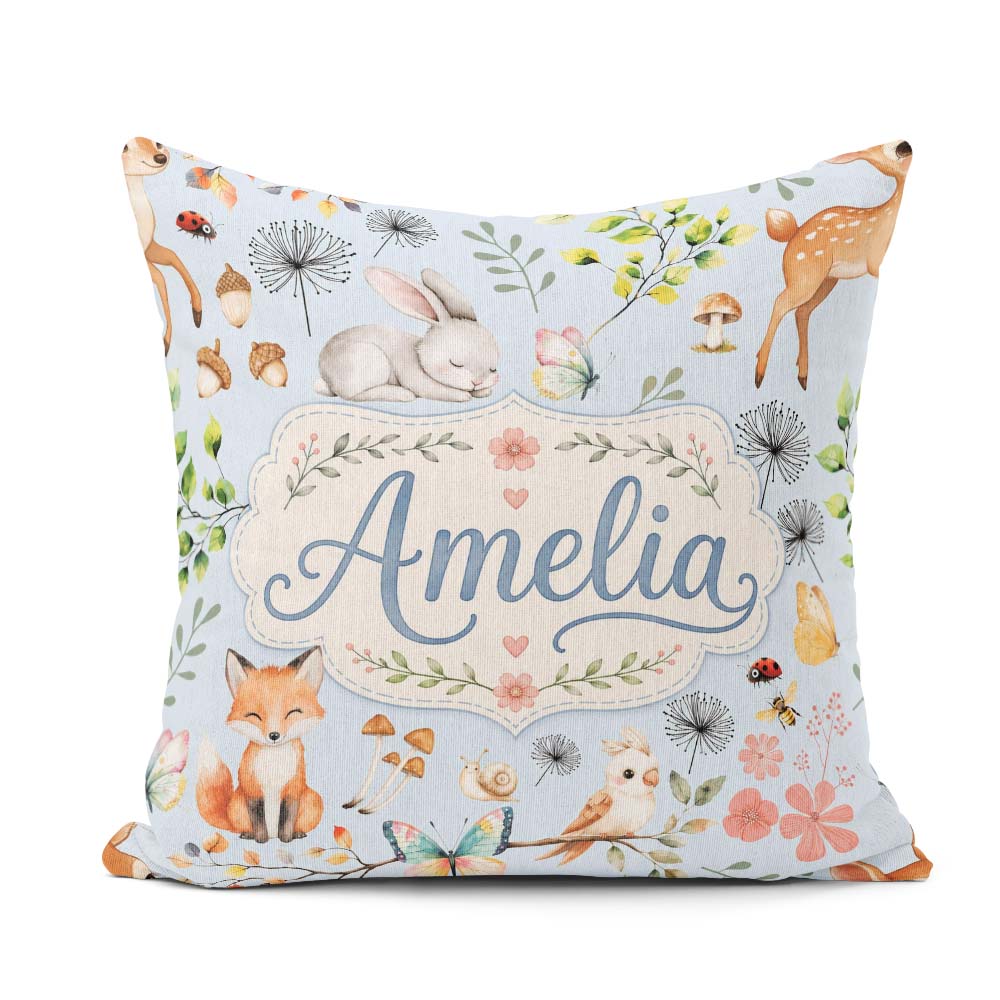 Custom Name Woodland Animals Fox Butterfly Seamless Pattern Blue Square Filled Cushion Throw Pillow Sofa Bed Home Decor Zip Washable UK Made