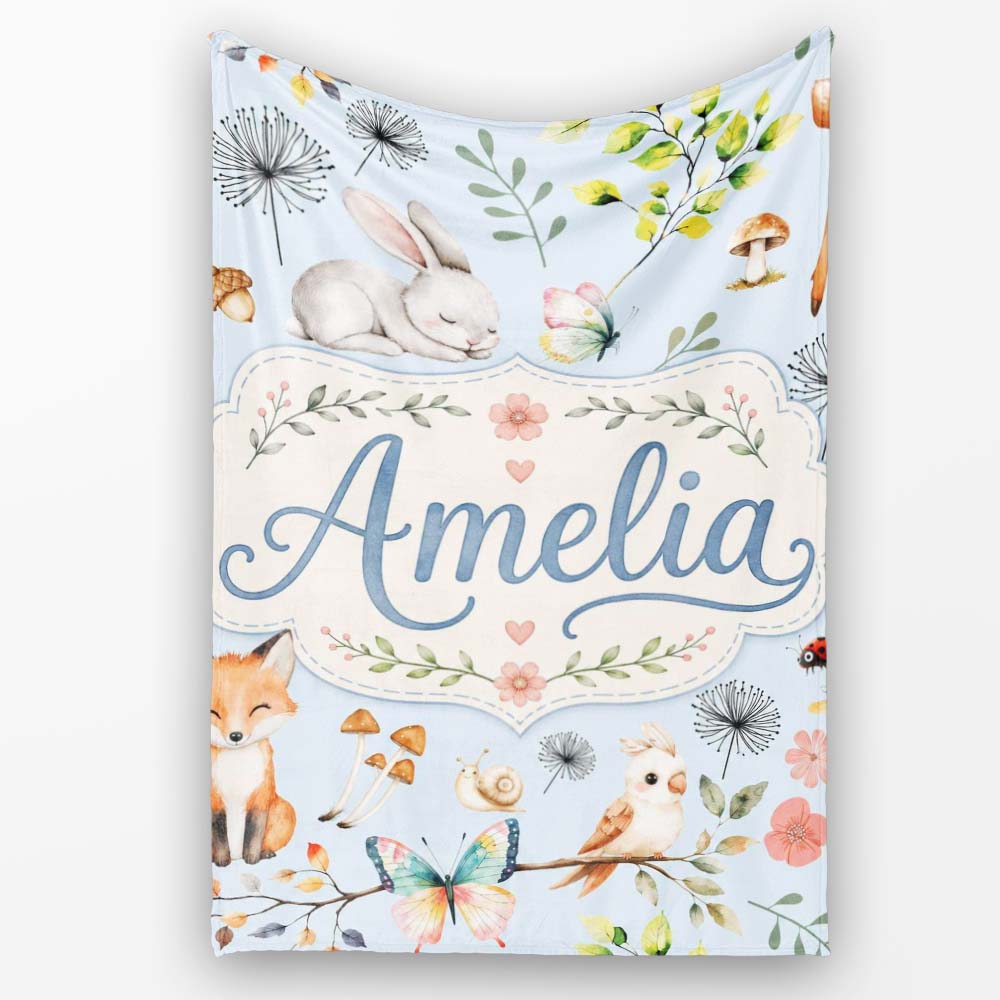 Cute Woodland Animals Rabbit Fox Butterfly Seamless Pattern Blue  Personalised Custom Name Super Soft Fleece Blanket Bed Sofa Throw