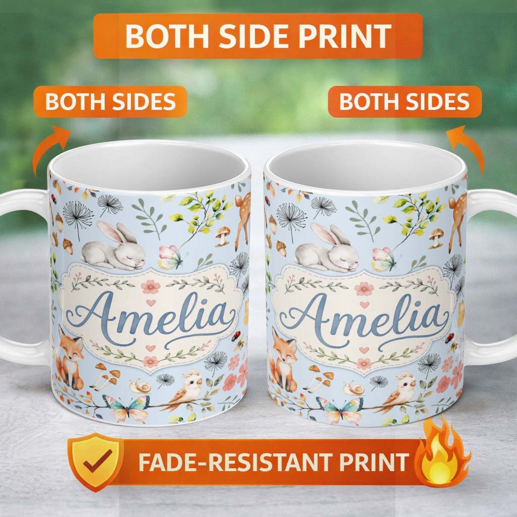Personalized Custom Name Cute Woodland Animals Rabbit Fox Butterfly Seamless Pattern Blue 11oz Ceramic Coffee Tea Mug White Large Handle