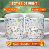 Personalized Custom Name Cute Woodland Animals Rabbit Fox Butterfly Seamless Pattern Blue 11oz Ceramic Coffee Tea Mug White Large Handle