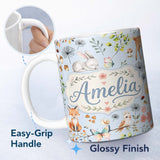 Personalized Custom Name Cute Woodland Animals Rabbit Fox Butterfly Seamless Pattern Blue 11oz Ceramic Coffee Tea Mug White Large Handle