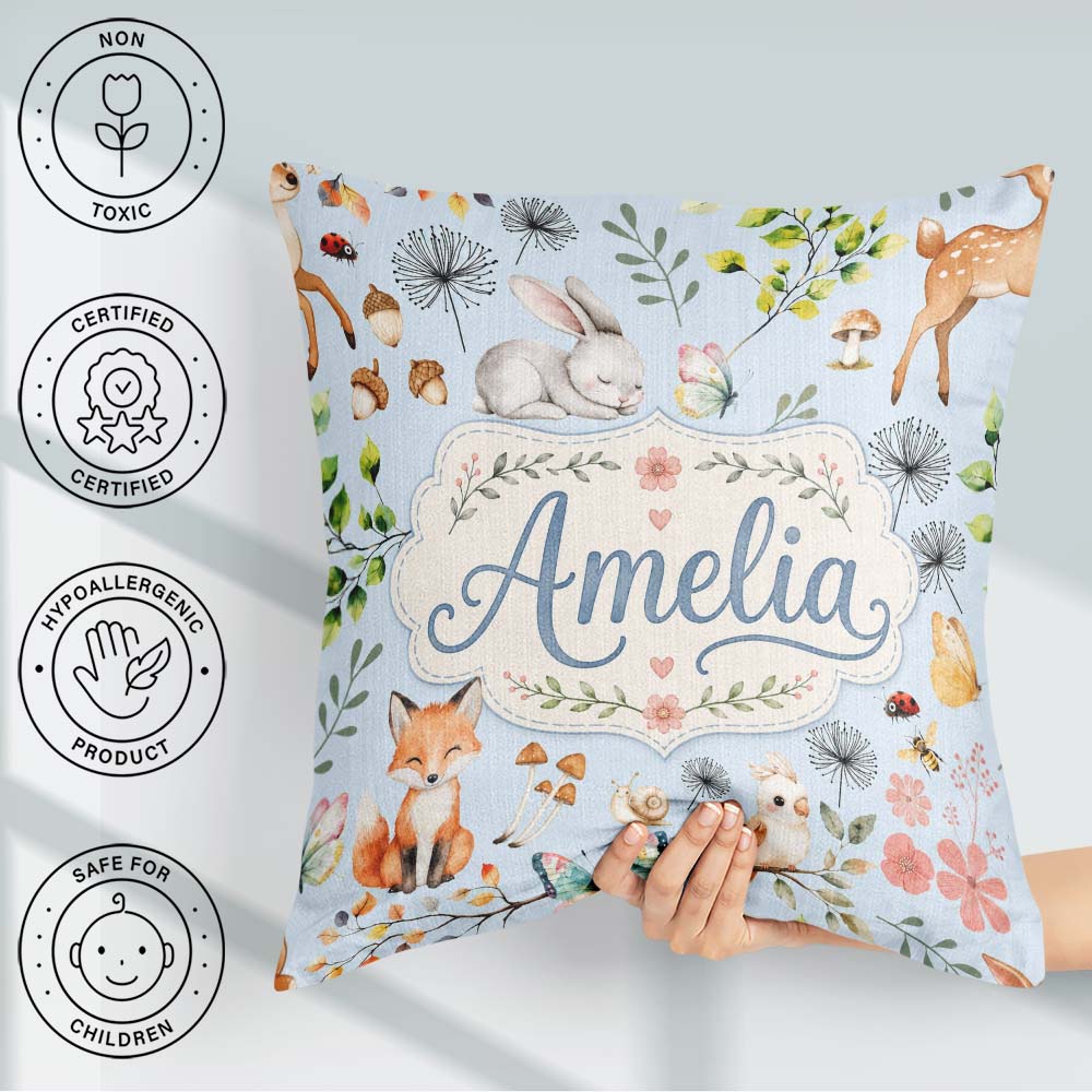 Custom Name Woodland Animals Fox Butterfly Seamless Pattern Blue Square Filled Cushion Throw Pillow Sofa Bed Home Decor Zip Washable UK Made