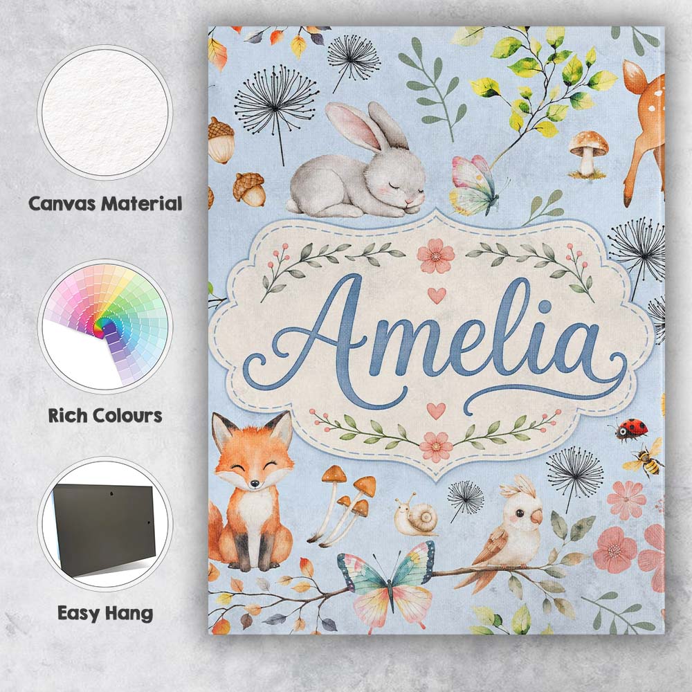 Personalised Name Cute Woodland Animals Custom  Modern Room Accent Elegant Feature Canvas Wall Art Print Decor Picture Ready to Hang