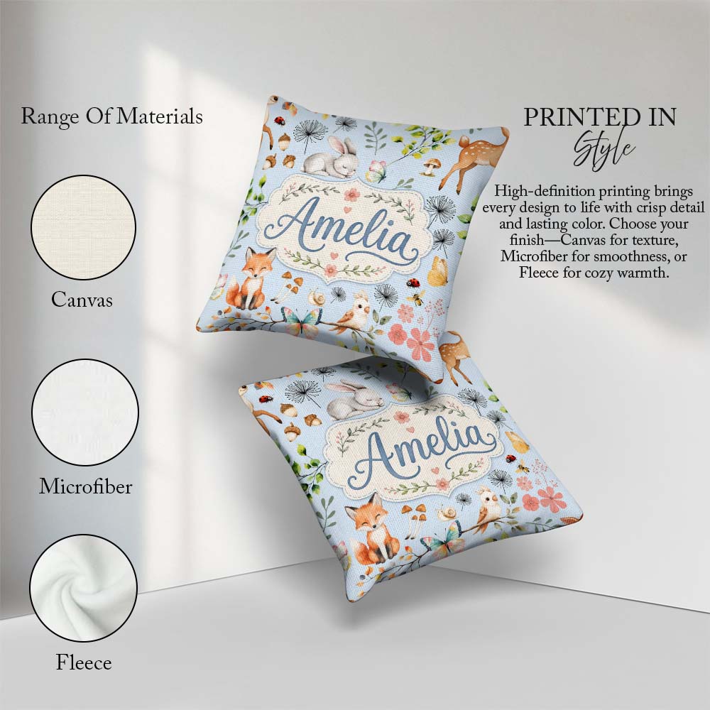 Custom Name Woodland Animals Fox Butterfly Seamless Pattern Blue Square Filled Cushion Throw Pillow Sofa Bed Home Decor Zip Washable UK Made