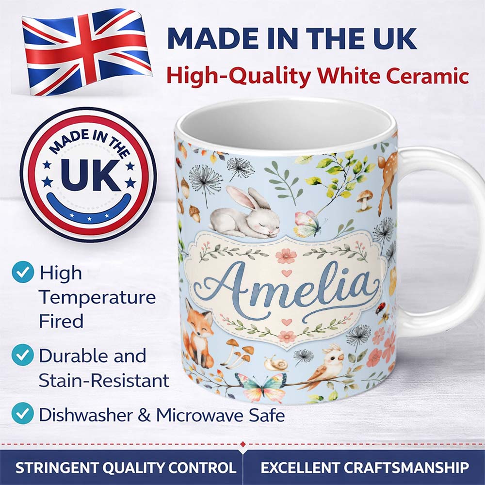 Personalized Custom Name Cute Woodland Animals Rabbit Fox Butterfly Seamless Pattern Blue 11oz Ceramic Coffee Tea Mug White Large Handle