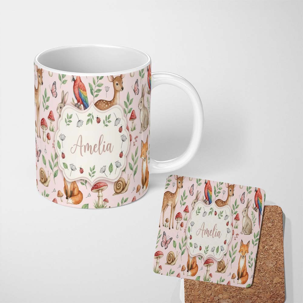 Personalized Custom Name Woodland Animals Rabbit Fox Butterfly Seamless Pattern Blush Pink 11oz Ceramic Coffee Tea Mug White Large Handle