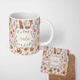 Personalized Custom Name Woodland Animals Rabbit Fox Butterfly Seamless Pattern Blush Pink 11oz Ceramic Coffee Tea Mug White Large Handle