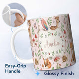 Personalized Custom Name Woodland Animals Rabbit Fox Butterfly Seamless Pattern Blush Pink 11oz Ceramic Coffee Tea Mug White Large Handle