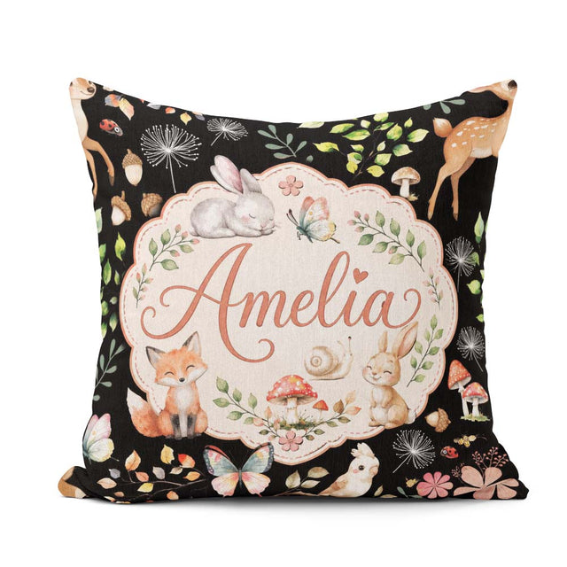 Custom Name Woodland Animals Rabbit Fox Butterfly Seamless Black Square Filled Cushion Throw Pillow Sofa Bed Home Decor Zip Washable UK Made