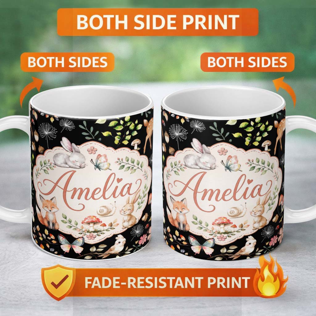 Personalized Custom Name Cute Woodland Animals Rabbit Fox Butterfly Seamless Pattern Black 11oz Ceramic Coffee Tea Mug White Large Handle