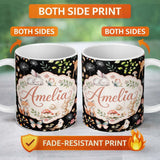 Personalized Custom Name Cute Woodland Animals Rabbit Fox Butterfly Seamless Pattern Black 11oz Ceramic Coffee Tea Mug White Large Handle