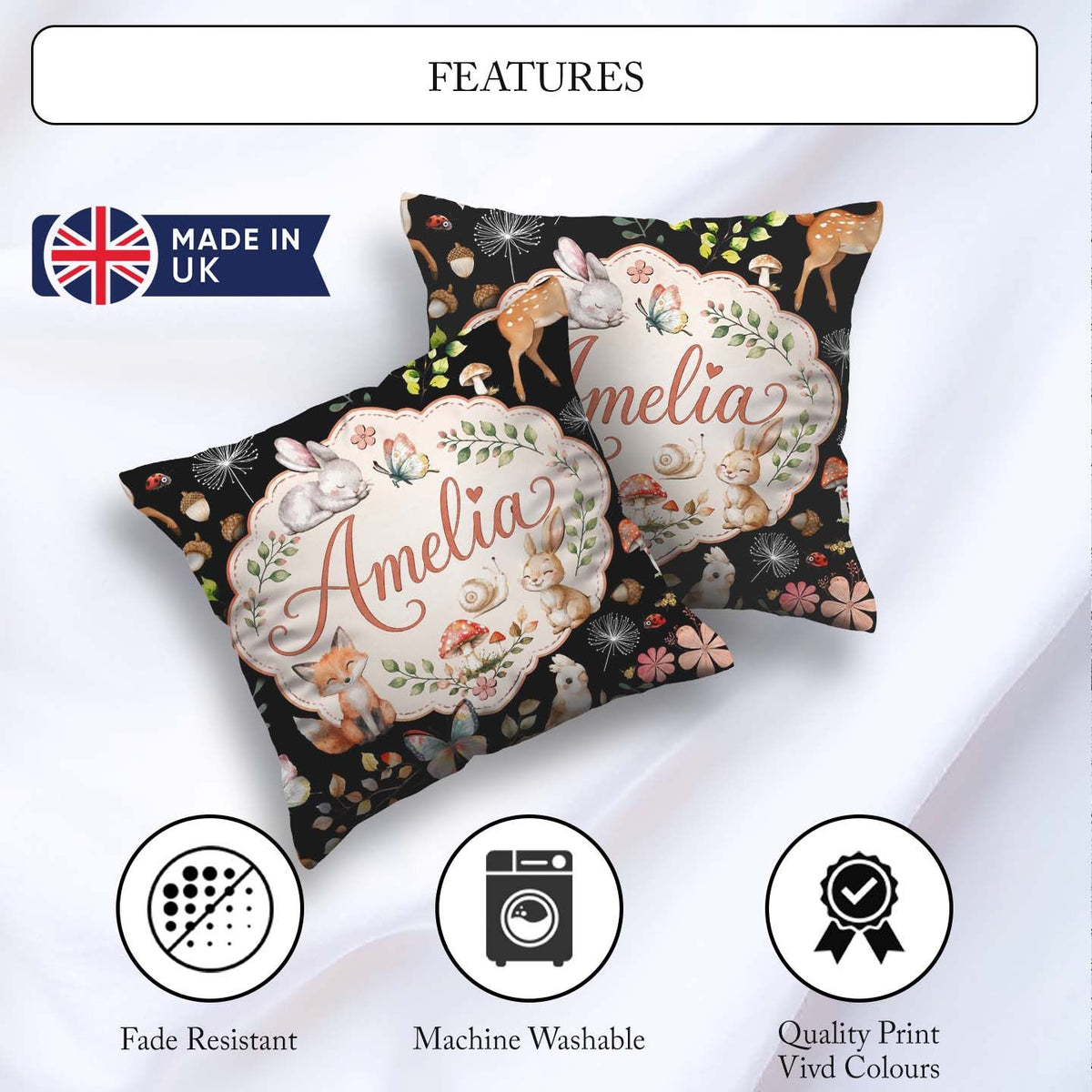 Custom Name Woodland Animals Rabbit Fox Butterfly Seamless Black Square Filled Cushion Throw Pillow Sofa Bed Home Decor Zip Washable UK Made
