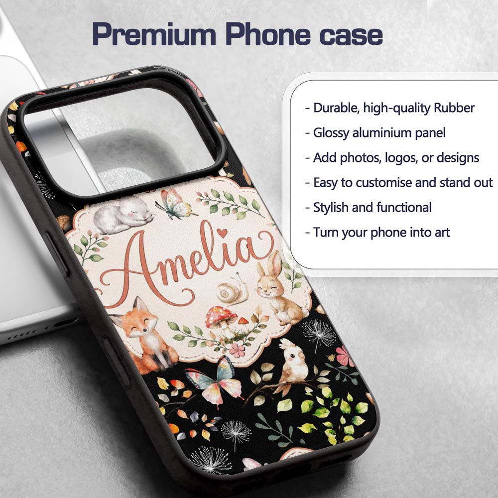Cute Woodland Animals Rabbit Fox Printed Design Custom Name Protective Phone Case Mobile Cover Durable Everyday Smartphone Shock Resistant