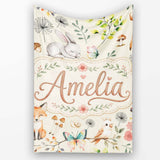 Woodland Animals Rabbit Fox Butterfly Seamless Pattern Sage Green  Personalised Custom Name Super Soft Fleece Blanket Bed Sofa Throw