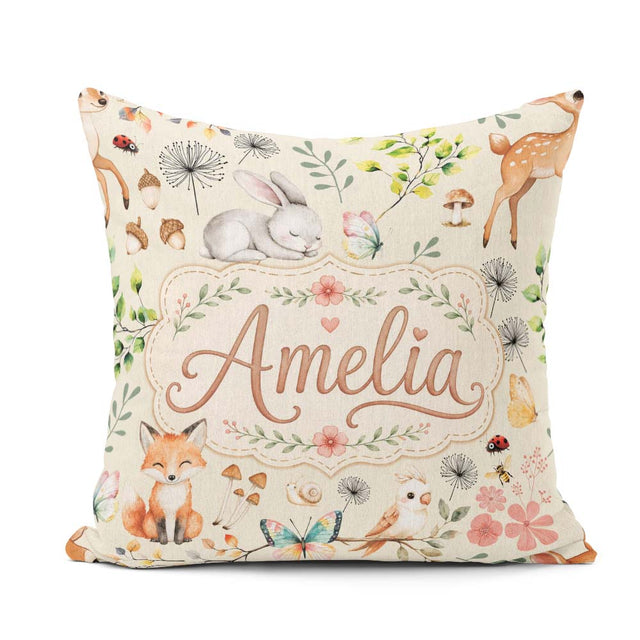 Custom Name Woodland Animals Fox Butterfly Seamless Pattern Sage Square Filled Cushion Throw Pillow Sofa Bed Home Decor Zip Washable UK Made
