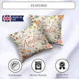 Custom Name Woodland Animals Fox Butterfly Seamless Pattern Sage Square Filled Cushion Throw Pillow Sofa Bed Home Decor Zip Washable UK Made