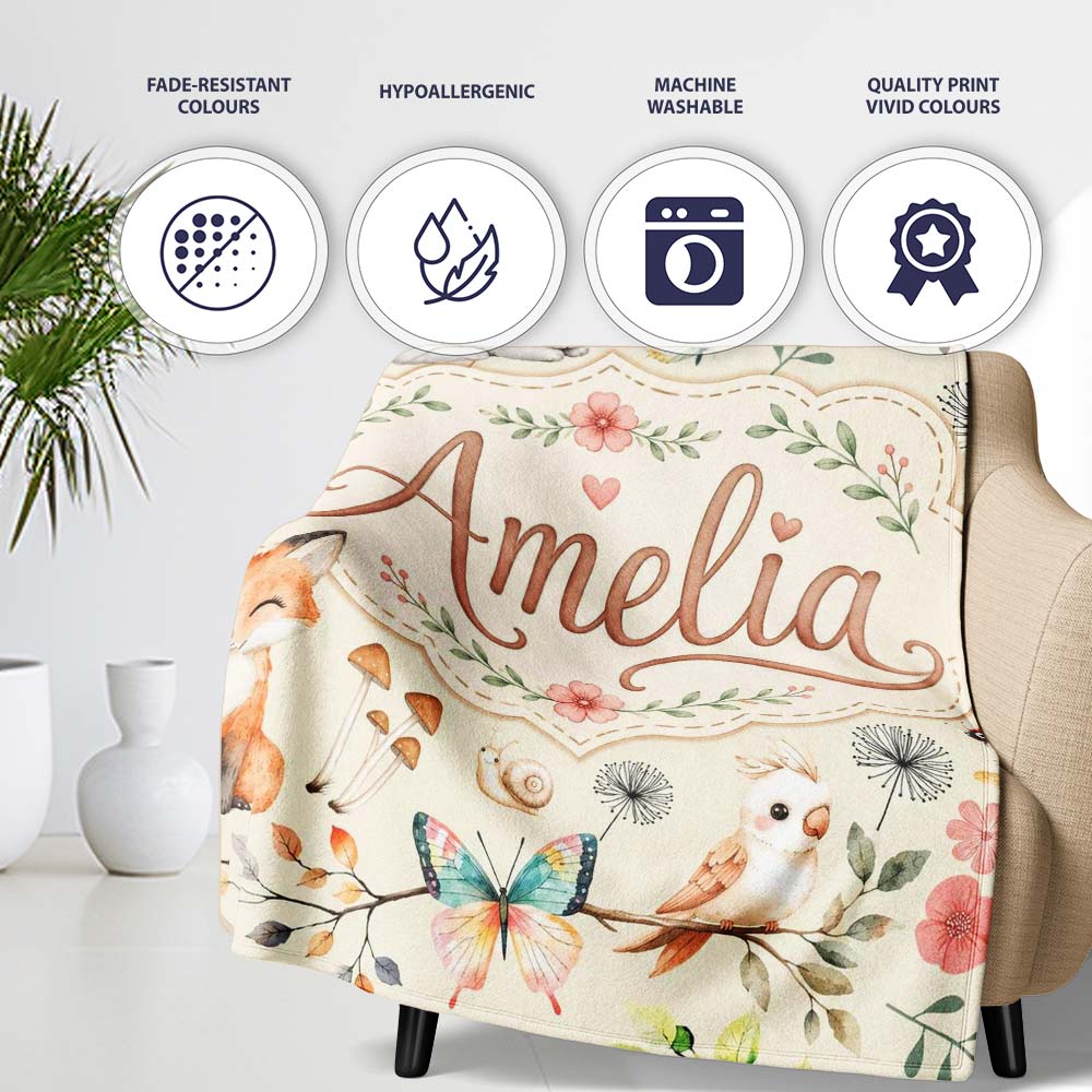 Woodland Animals Rabbit Fox Butterfly Seamless Pattern Sage Green  Personalised Custom Name Super Soft Fleece Blanket Bed Sofa Throw