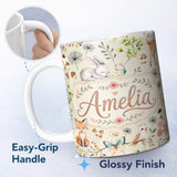 Personalized Custom Name Woodland Animals Rabbit Fox Butterfly Seamless Pattern Sage Green 11oz Ceramic Coffee Tea Mug White Large Handle