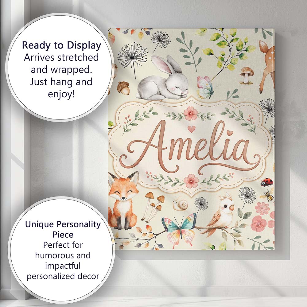 Personalised Name Woodland Animals Rabbit Custom  Unique Gift Idea Elegant Feature Canvas Wall Art Print Decor Picture Ready to Hang