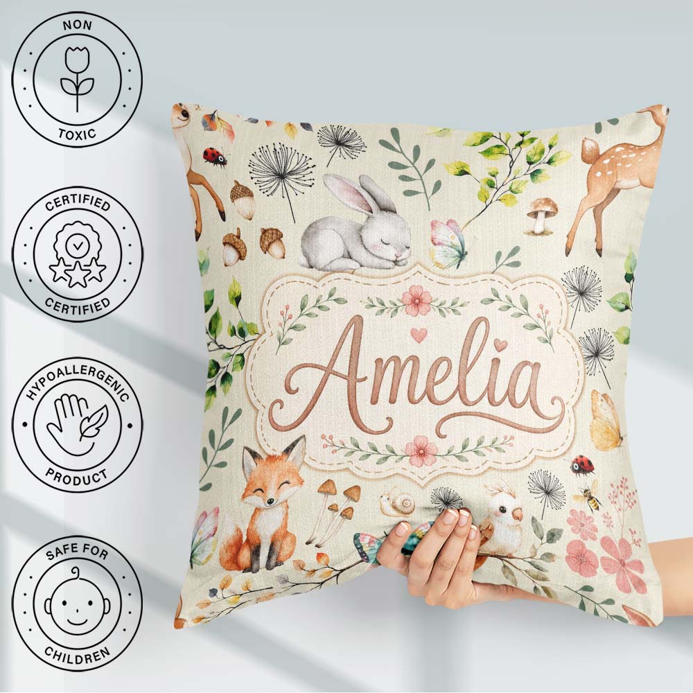 Custom Name Woodland Animals Fox Butterfly Seamless Pattern Sage Square Filled Cushion Throw Pillow Sofa Bed Home Decor Zip Washable UK Made