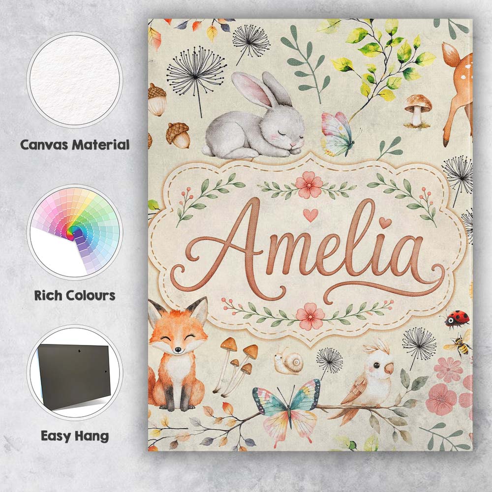 Personalised Name Woodland Animals Rabbit Custom  Unique Gift Idea Elegant Feature Canvas Wall Art Print Decor Picture Ready to Hang