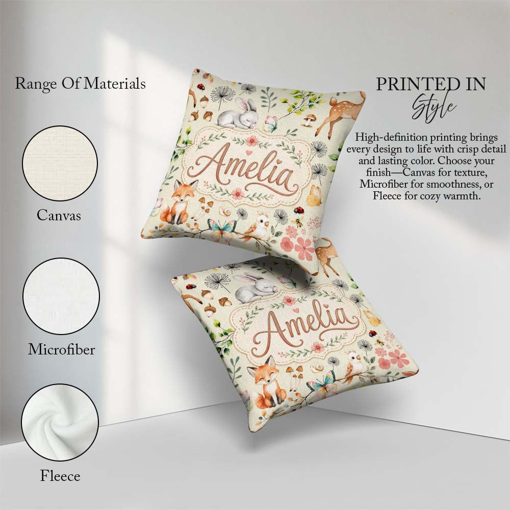 Custom Name Woodland Animals Fox Butterfly Seamless Pattern Sage Square Filled Cushion Throw Pillow Sofa Bed Home Decor Zip Washable UK Made