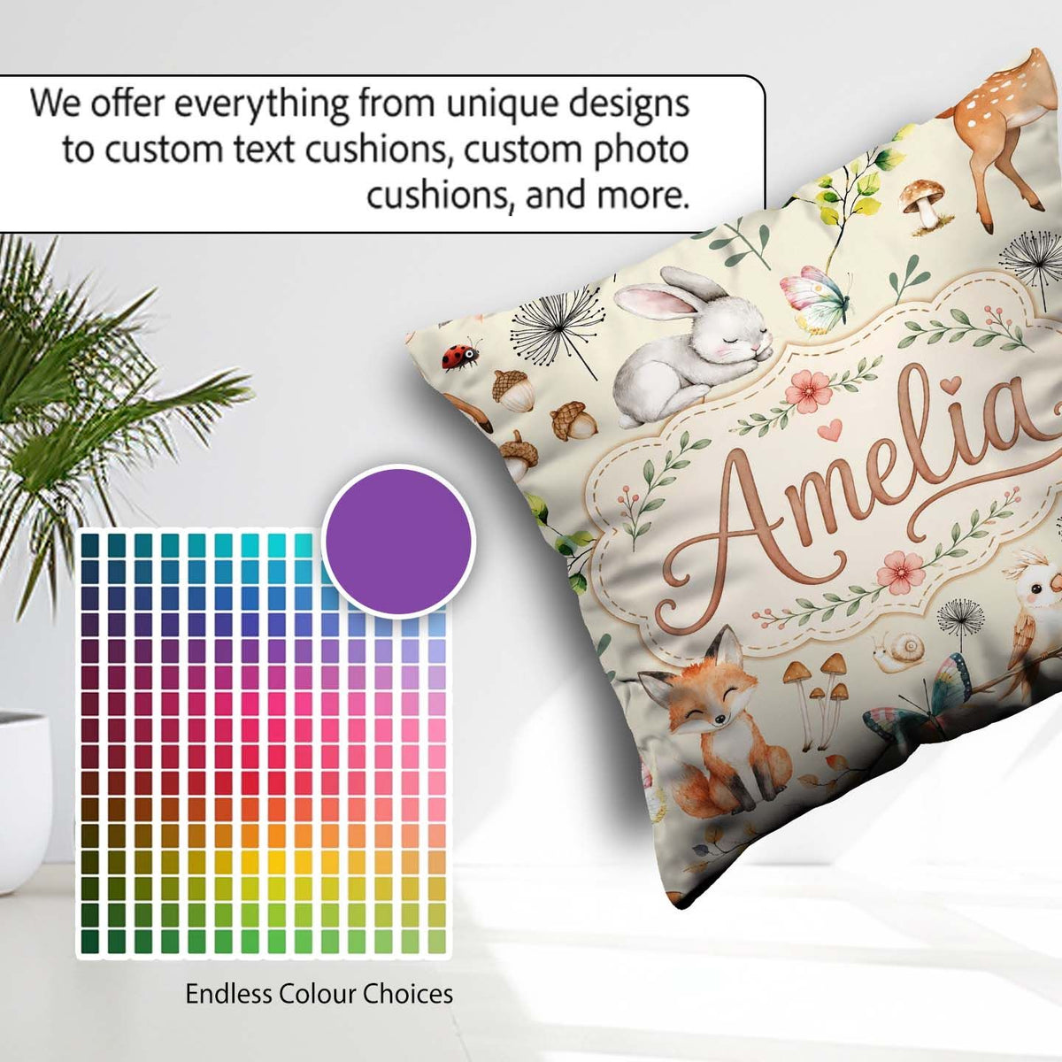 Custom Name Woodland Animals Fox Butterfly Seamless Pattern Sage Square Filled Cushion Throw Pillow Sofa Bed Home Decor Zip Washable UK Made