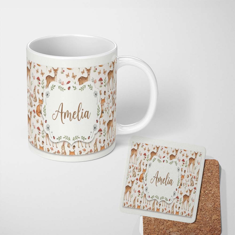 Personalized Custom Name Cute Woodland Animals Rabbit Fox Butterfly Seamless Pattern Cream 11oz Ceramic Coffee Tea Mug White Large Handle