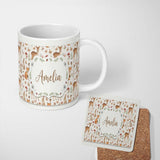 Personalized Custom Name Cute Woodland Animals Rabbit Fox Butterfly Seamless Pattern Cream 11oz Ceramic Coffee Tea Mug White Large Handle