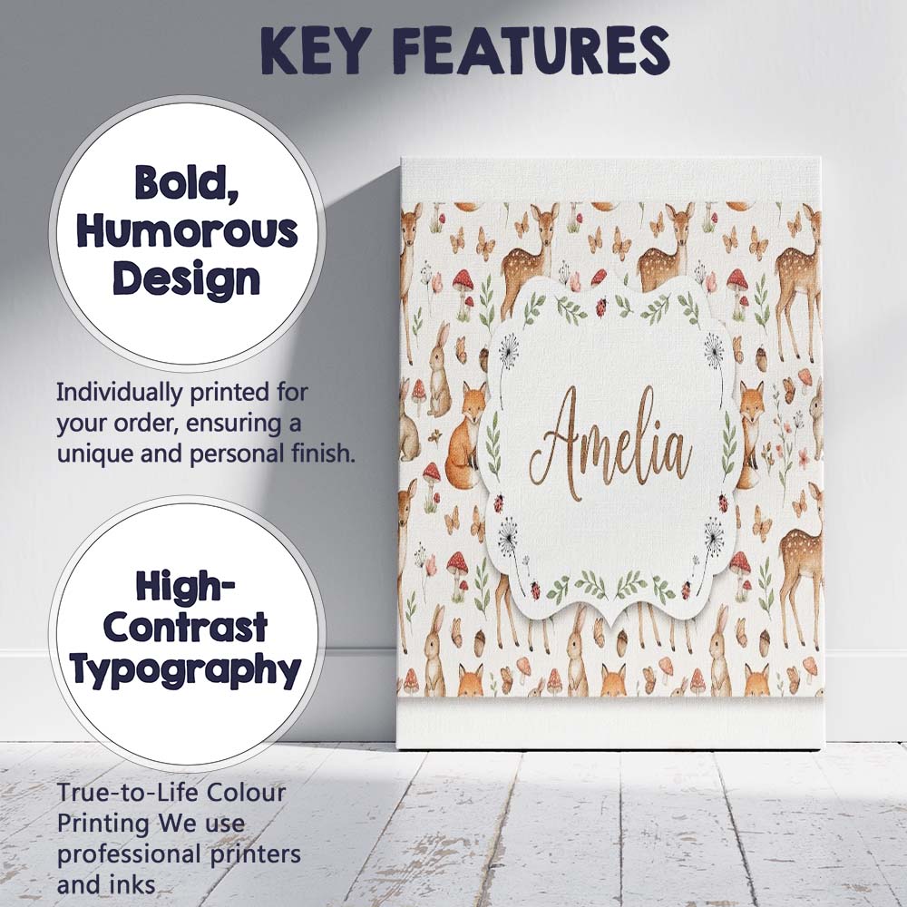 Personalised Name Cute Woodland Animals Custom  Modern Room Accent Elegant Feature Canvas Wall Art Print Decor Picture Ready to Hang