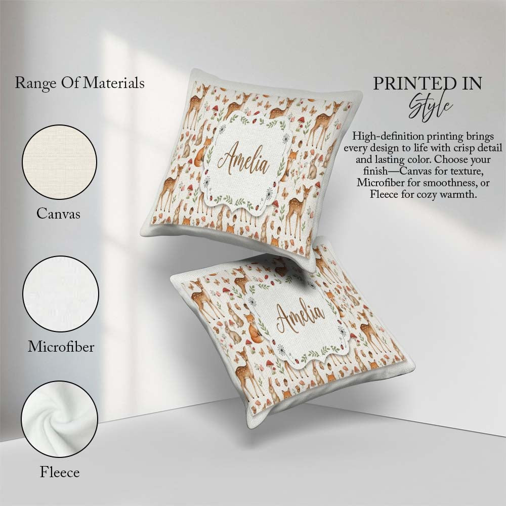 Custom Name Woodland Animals Rabbit Fox Butterfly Seamless Cream Square Filled Cushion Throw Pillow Sofa Bed Home Decor Zip Washable UK Made