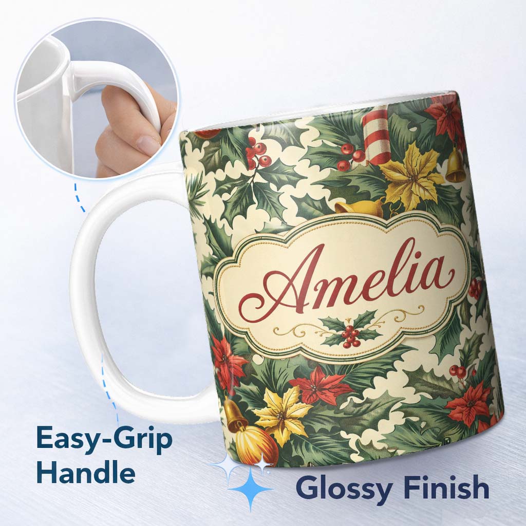 Personalized Custom Name Elegant Christmas Holly Leaves with Bells and Poinsettia Festive 11oz Ceramic Coffee Tea Mug White Large Handle
