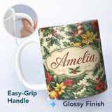 Personalized Custom Name Elegant Christmas Holly Leaves with Bells and Poinsettia Festive 11oz Ceramic Coffee Tea Mug White Large Handle