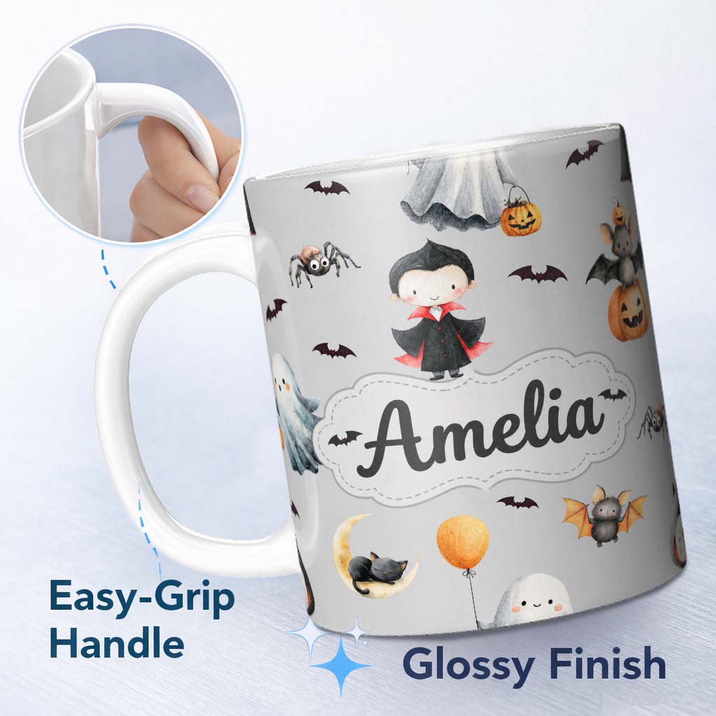 Personalized Custom Name Cute Halloween Dracula Ghost Bats on Grey Background Seamless Lovely 11oz Ceramic Coffee Tea Mug White Large Handle