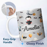 Personalized Custom Name Cute Halloween Dracula Ghost Bats on Grey Background Seamless Lovely 11oz Ceramic Coffee Tea Mug White Large Handle