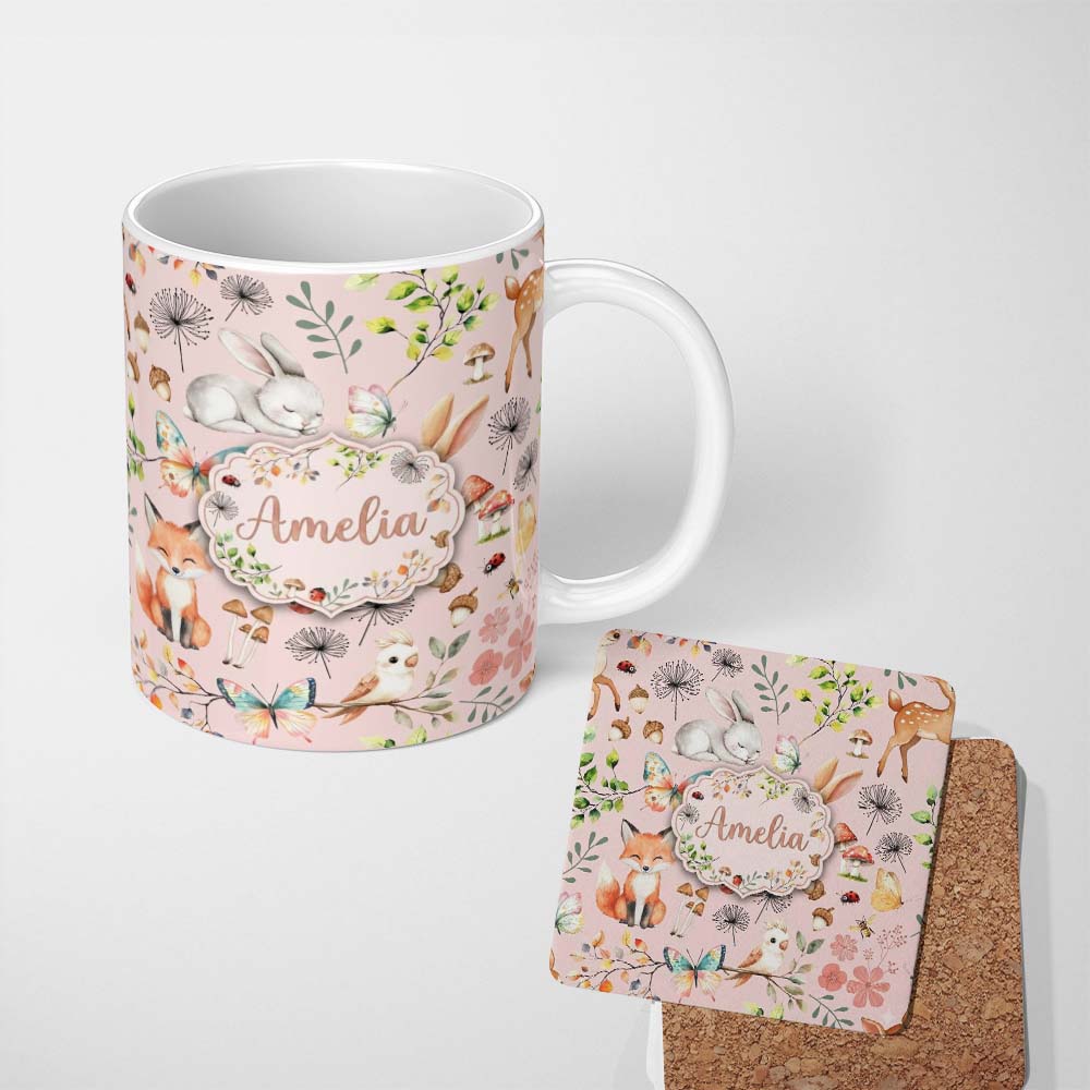 Personalized Custom Name Cute Woodland Animals Rabbit Fox Butterfly Seamless Pattern Blush 11oz Ceramic Coffee Tea Mug White Large Handle