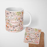 Personalized Custom Name Cute Woodland Animals Rabbit Fox Butterfly Seamless Pattern Blush 11oz Ceramic Coffee Tea Mug White Large Handle