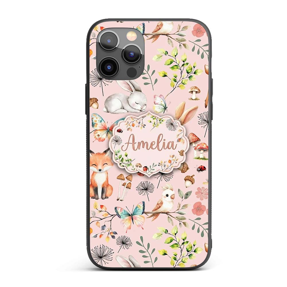 Cute Woodland Animals Rabbit Fox Printed Design Custom Name Protective Phone Case Mobile Cover Durable Everyday Smartphone Shock Resistant
