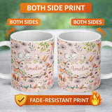 Personalized Custom Name Cute Woodland Animals Rabbit Fox Butterfly Seamless Pattern Blush 11oz Ceramic Coffee Tea Mug White Large Handle