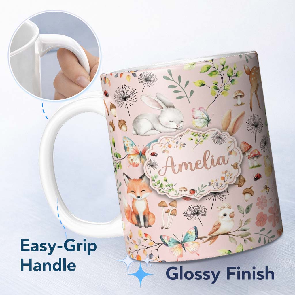 Personalized Custom Name Cute Woodland Animals Rabbit Fox Butterfly Seamless Pattern Blush 11oz Ceramic Coffee Tea Mug White Large Handle