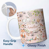 Personalized Custom Name Cute Woodland Animals Rabbit Fox Butterfly Seamless Pattern Blush 11oz Ceramic Coffee Tea Mug White Large Handle