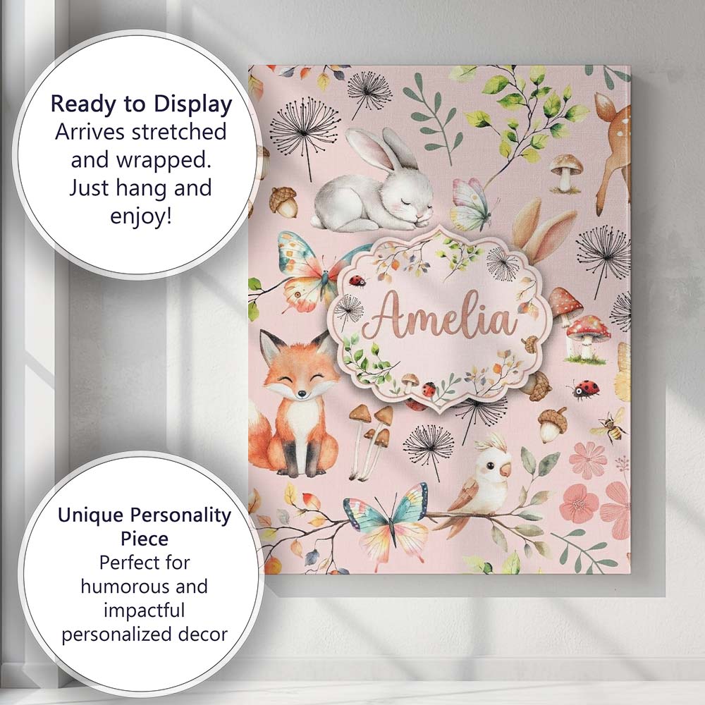 Personalised Name Cute Woodland Animals Custom  Modern Room Accent Elegant Feature Canvas Wall Art Print Decor Picture Ready to Hang